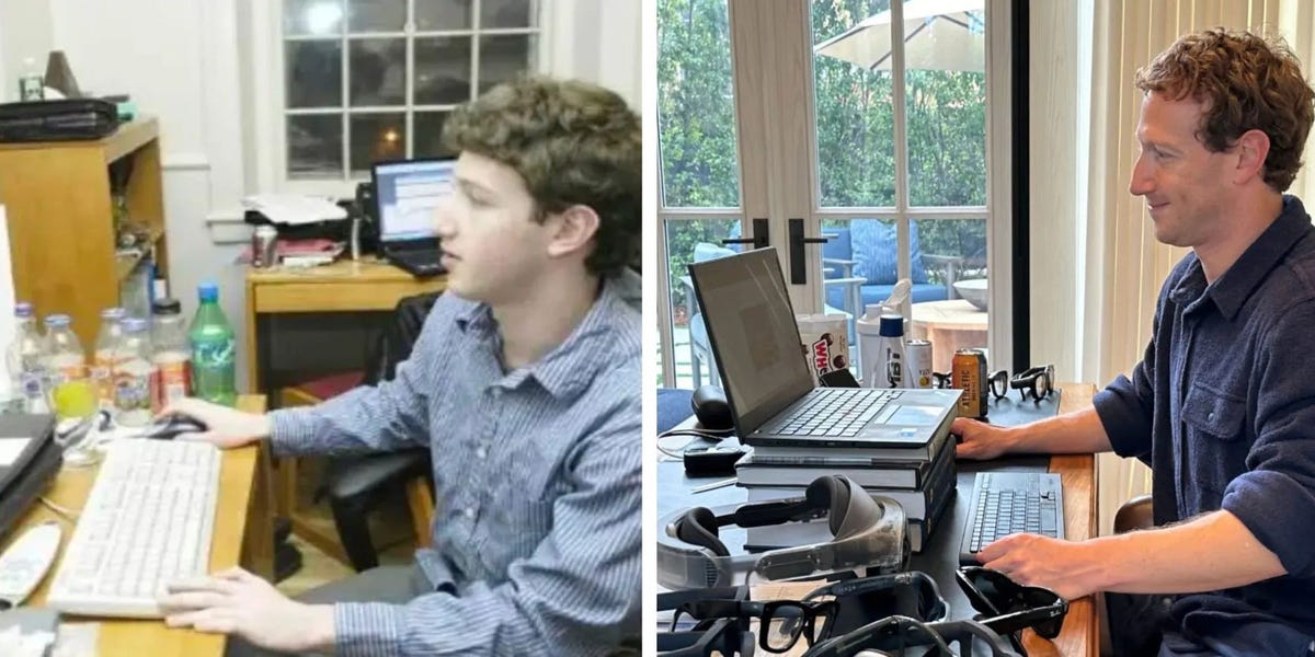 Mark Zuckerberg sert le meilleur de Relatable Zuck avec son ordinateur portable perché sur une pile de livres
